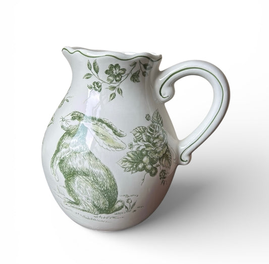 New Pitcher Vase Easter Spring Floral Green Bunny Rabbit Ceramic New 8” Tall
