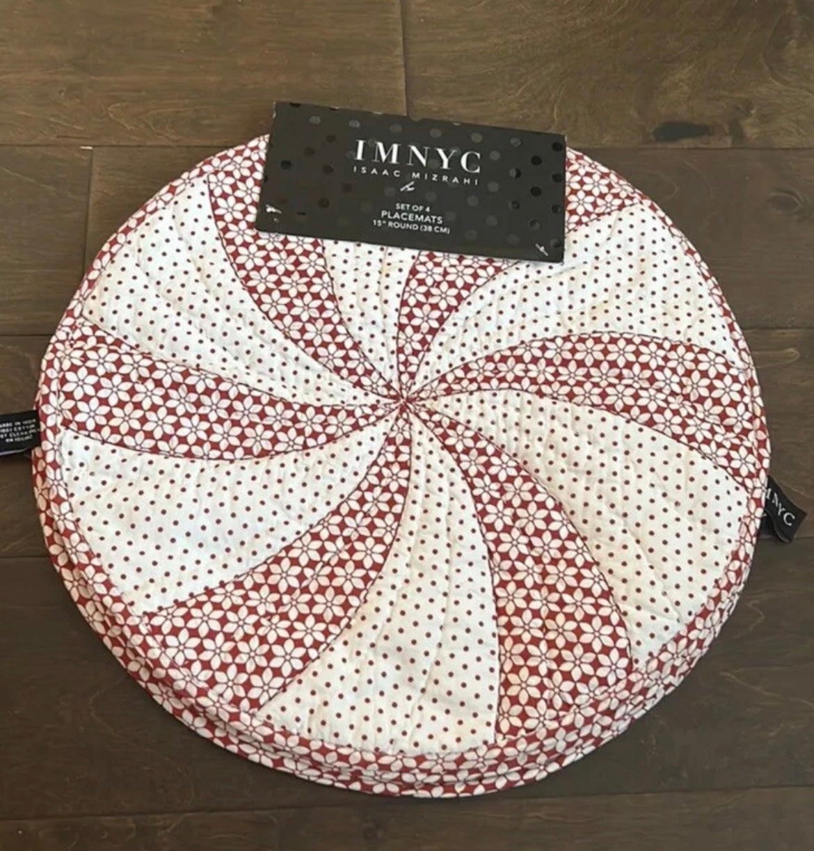 Isaac Mizrahi Set Of 4 Placemats Christmas Peppermint Swirl Polka Dot Quilted