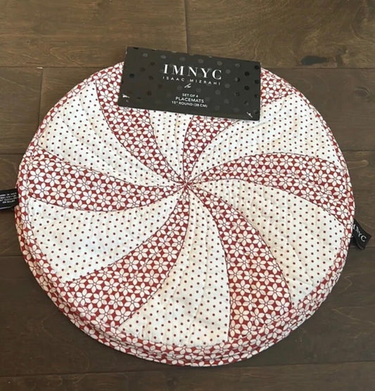 Isaac Mizrahi Set Of 4 Placemats Christmas Peppermint Swirl Polka Dot Quilted