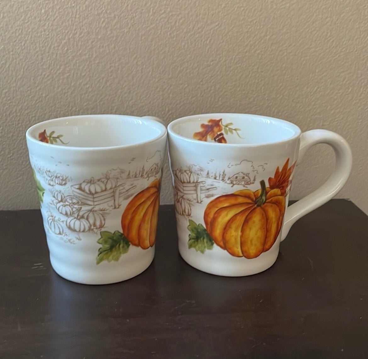 Set Of 4 Pumpkin Fall Coffee Mugs Cups New Thanksgiving Leaves Ceramic