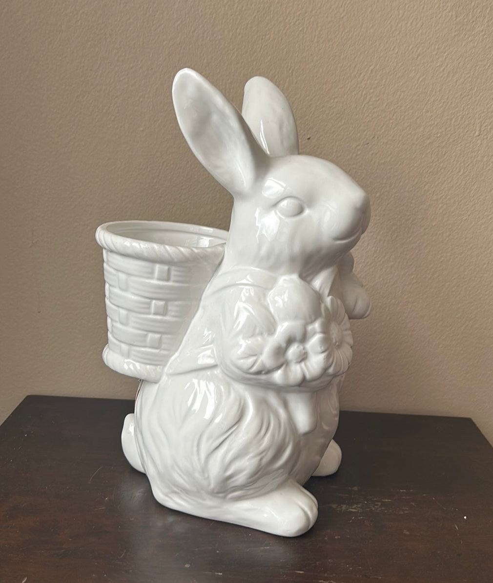 Hip Hop Bunny Rabbit With Basket Vase easter Decor Figurine 11.5” Tall Ceramic