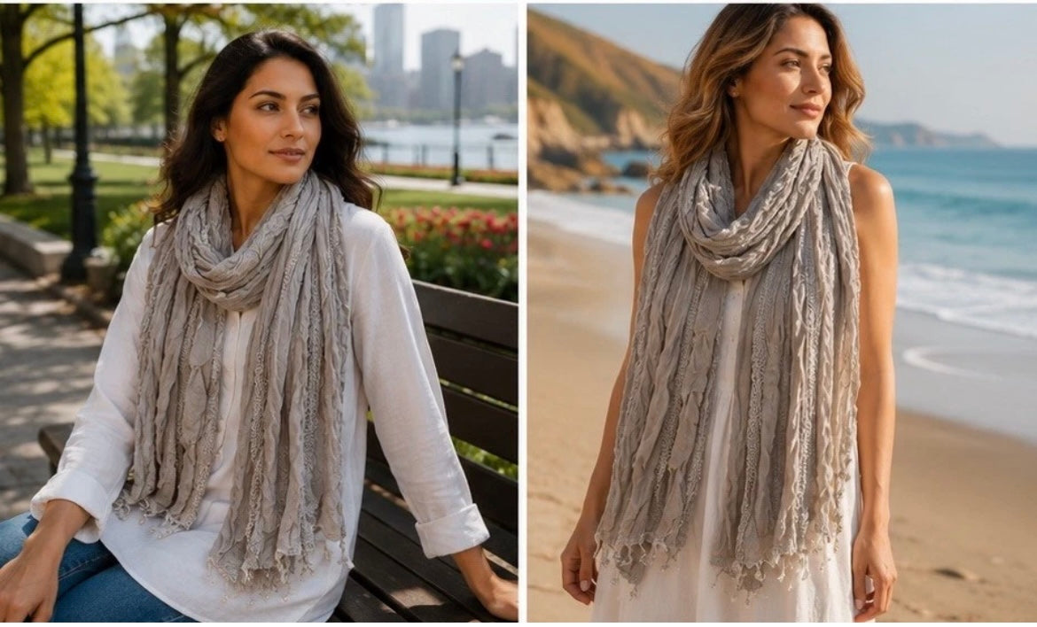BDG Women’s Scarf New Khaki Tow Toned  Lace Accents Fringed 5000-3100