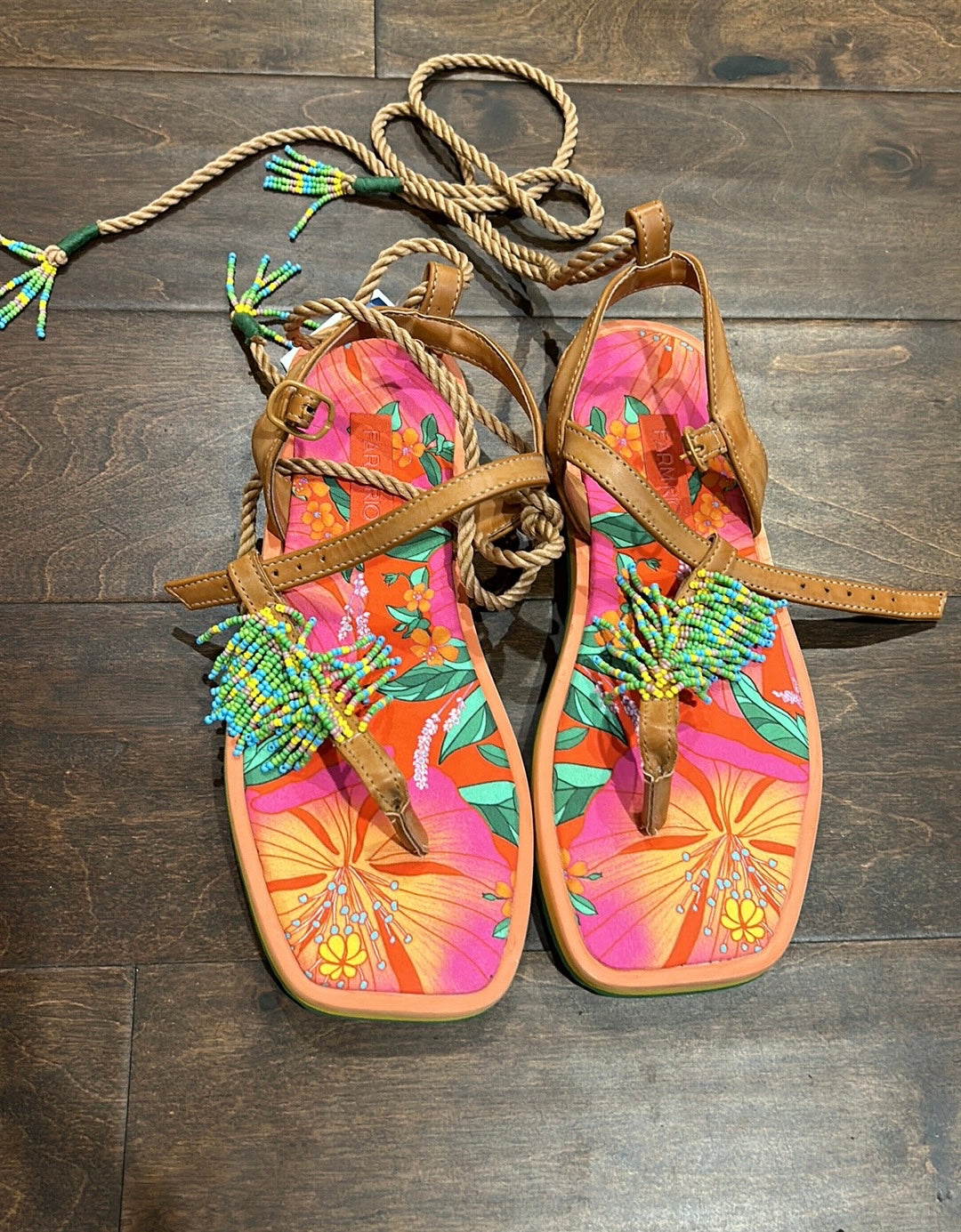 New Farm Rio Floral Pietra Black Banana Beaded Flat Sandals US 7 EUR 38 $260