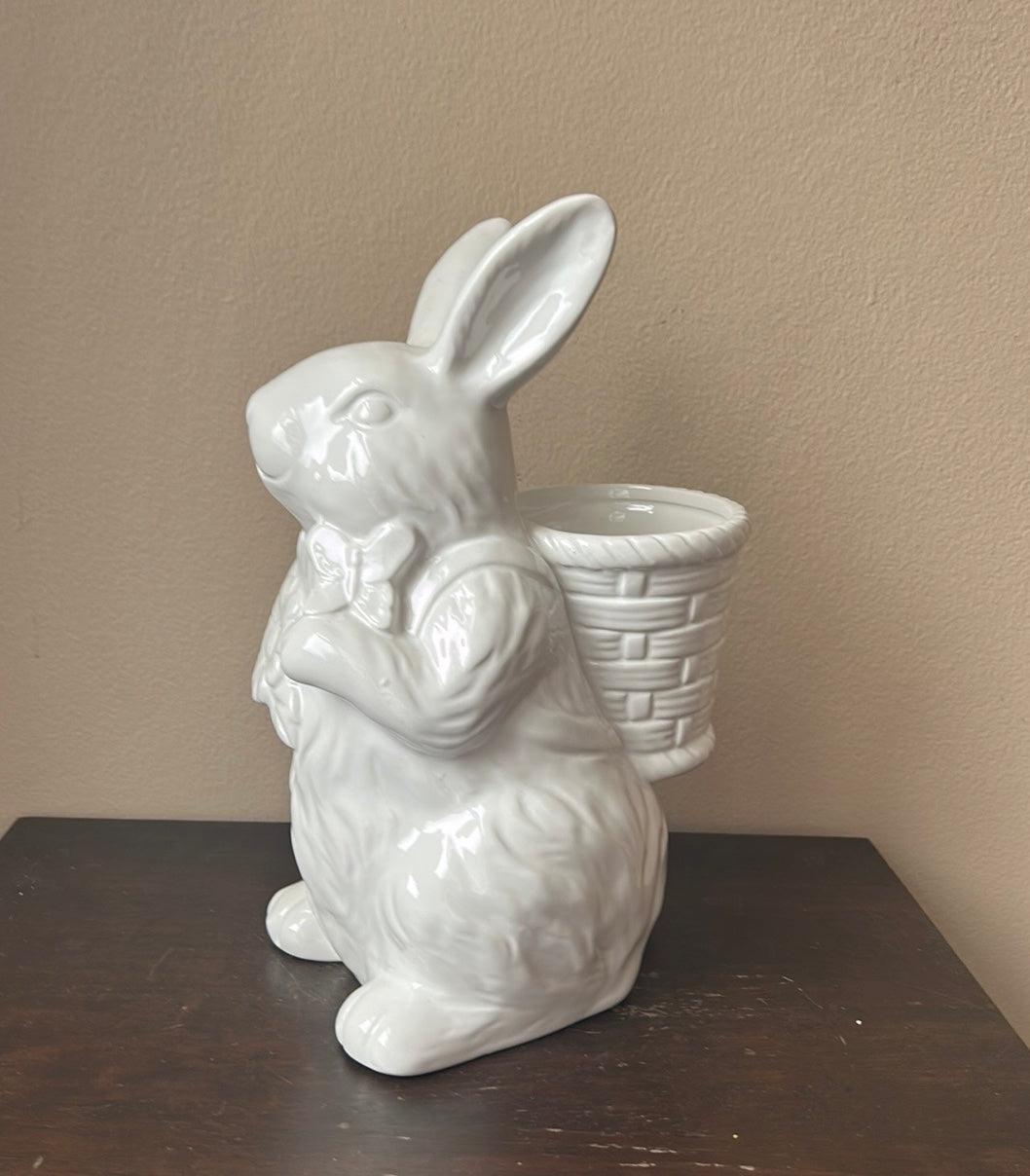 Hip Hop Bunny Rabbit With Basket Vase easter Decor Figurine 11.5” Tall Ceramic