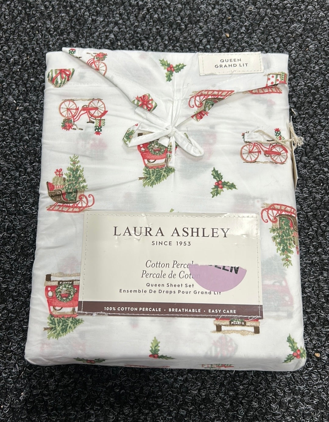 Laura Ashley Queen Sheet Set Holiday Vehicles Evergreen Cottage Farmhouse 4 Pc