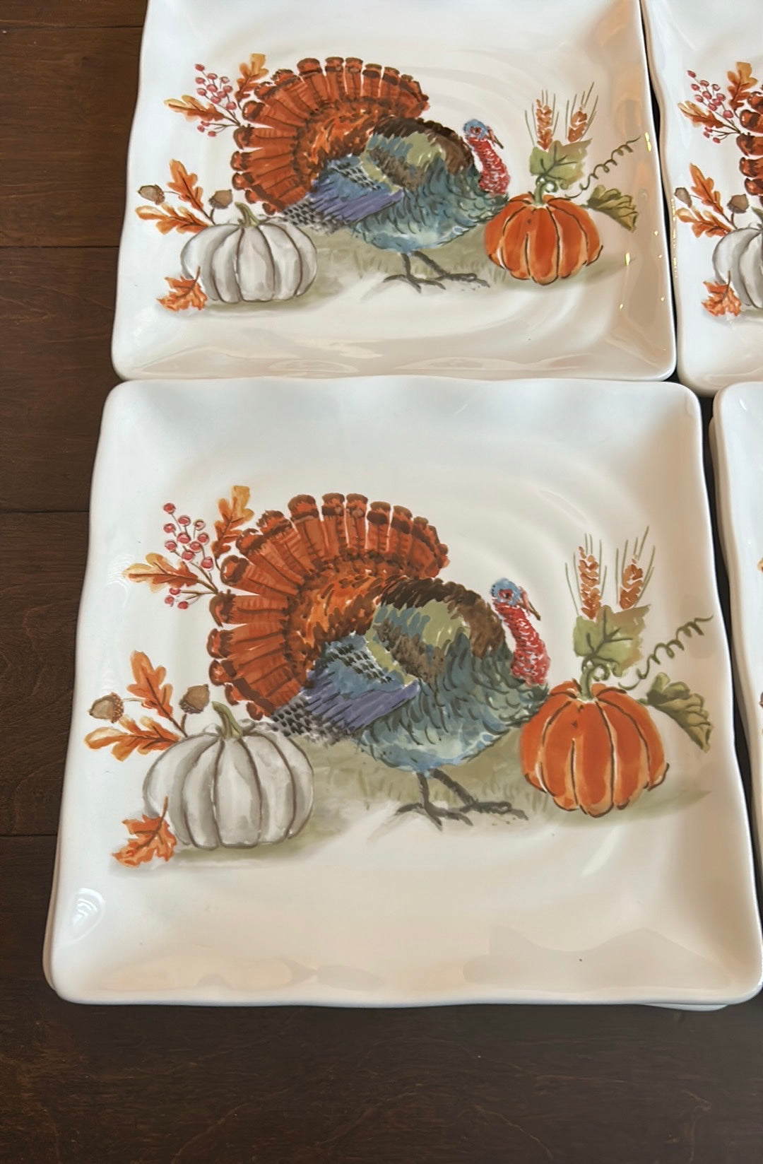 Maxcera Turkey Fall Thanksgiving Set Of  4 Salad Plates Ceramic Square