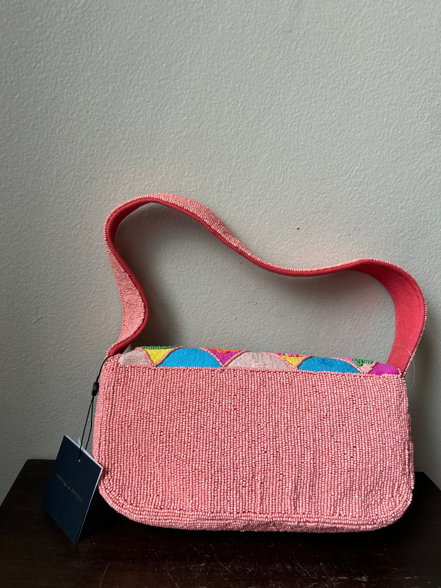 America & Beyond Beaded Pink Colorful Fruit Floral Shoulder Bag New
