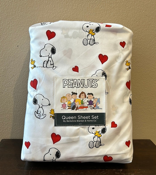 PEANUTS Queen SHEET SET Sleepy Snoopy Woodstock Valentine’s Day Love Pink Heart