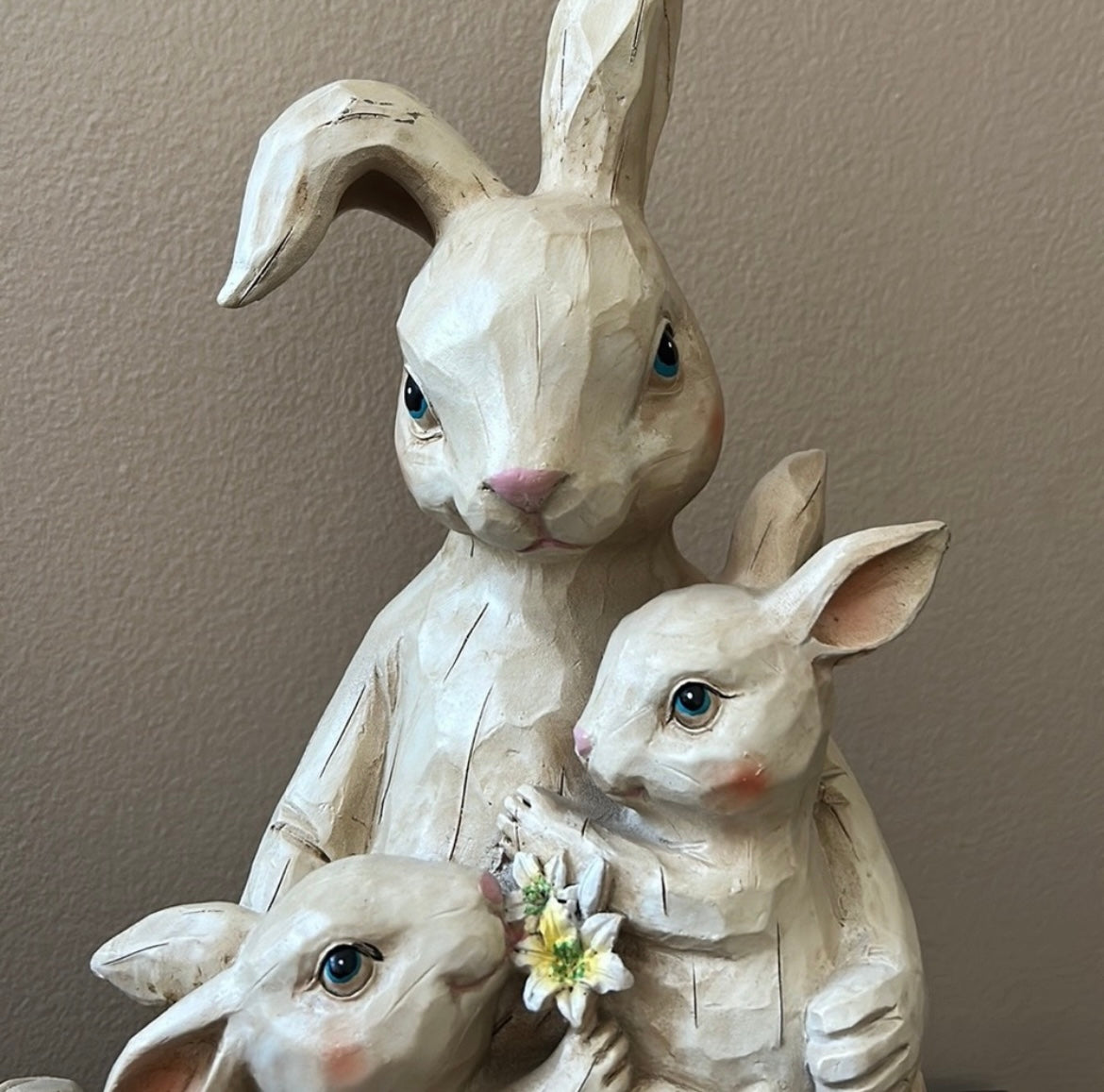 Bunny Rabbit With Baby bunnies Easter Beige Figurine Rustic New