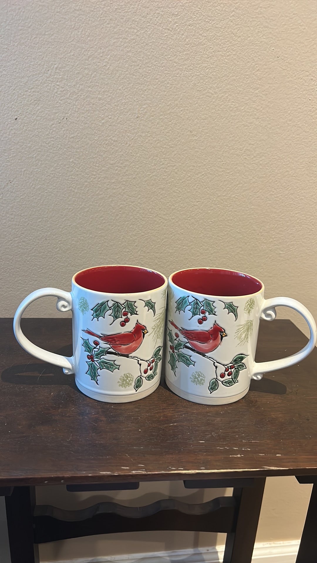 Set Of 2 Eli & Ana Red Cardinal Christmas Stoneware Coffee Mug New Holly Berry