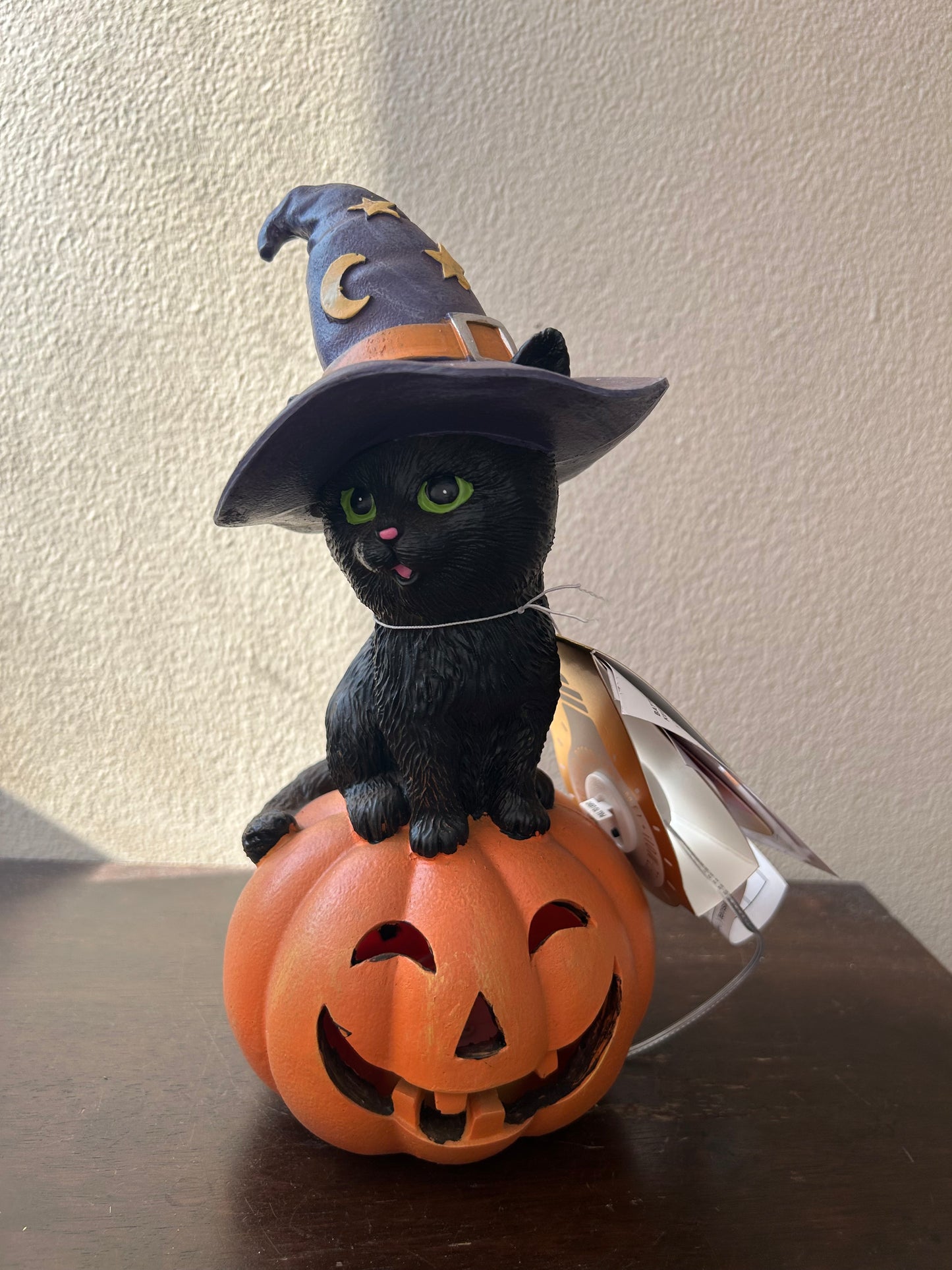 New Halloween LED Light Up Witch Cat On Pumpkin Figurine kitty black new 10”