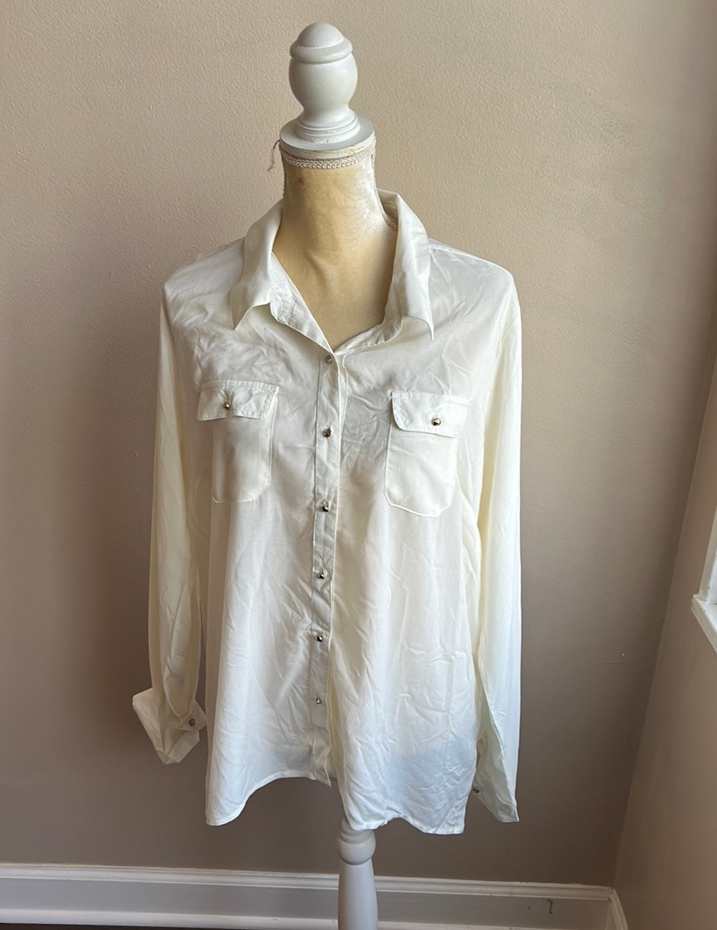 Dress Barn Womens Off White Blouse Top Sz L Rolled Cuff Sleeve Hi Lo ST2225