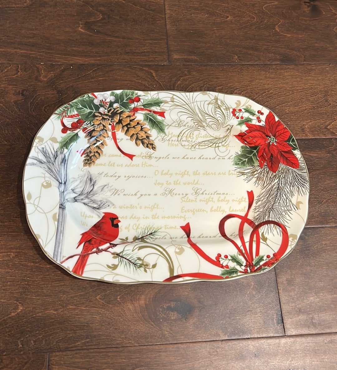 222 Fifth Christmas Poinsettia Pinecone Serving Platter New Pumpkin Red Cardinal