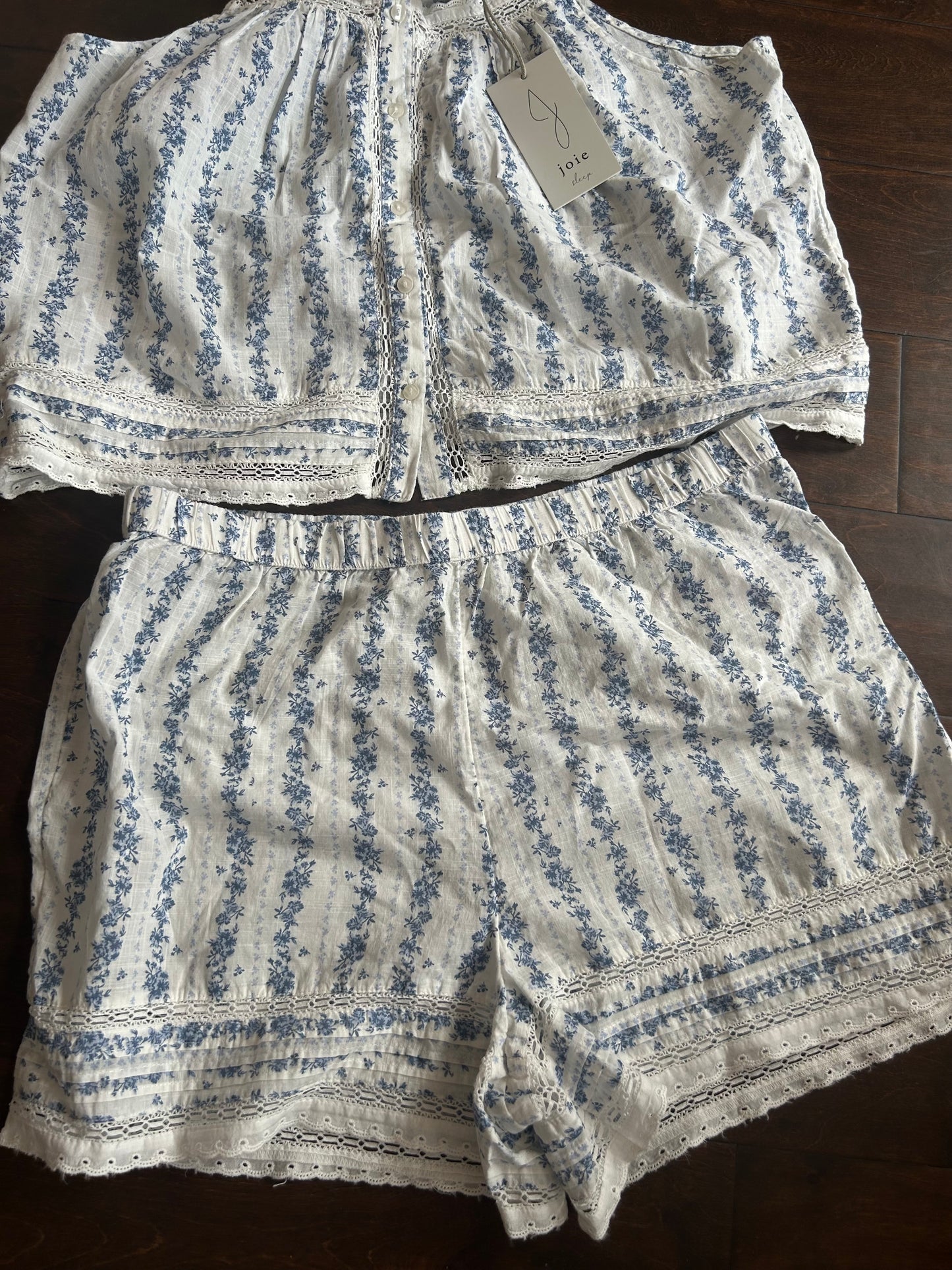 Joie Womens Blue White Flora Pajama Lace Set Shorts Top New Lace Cotton