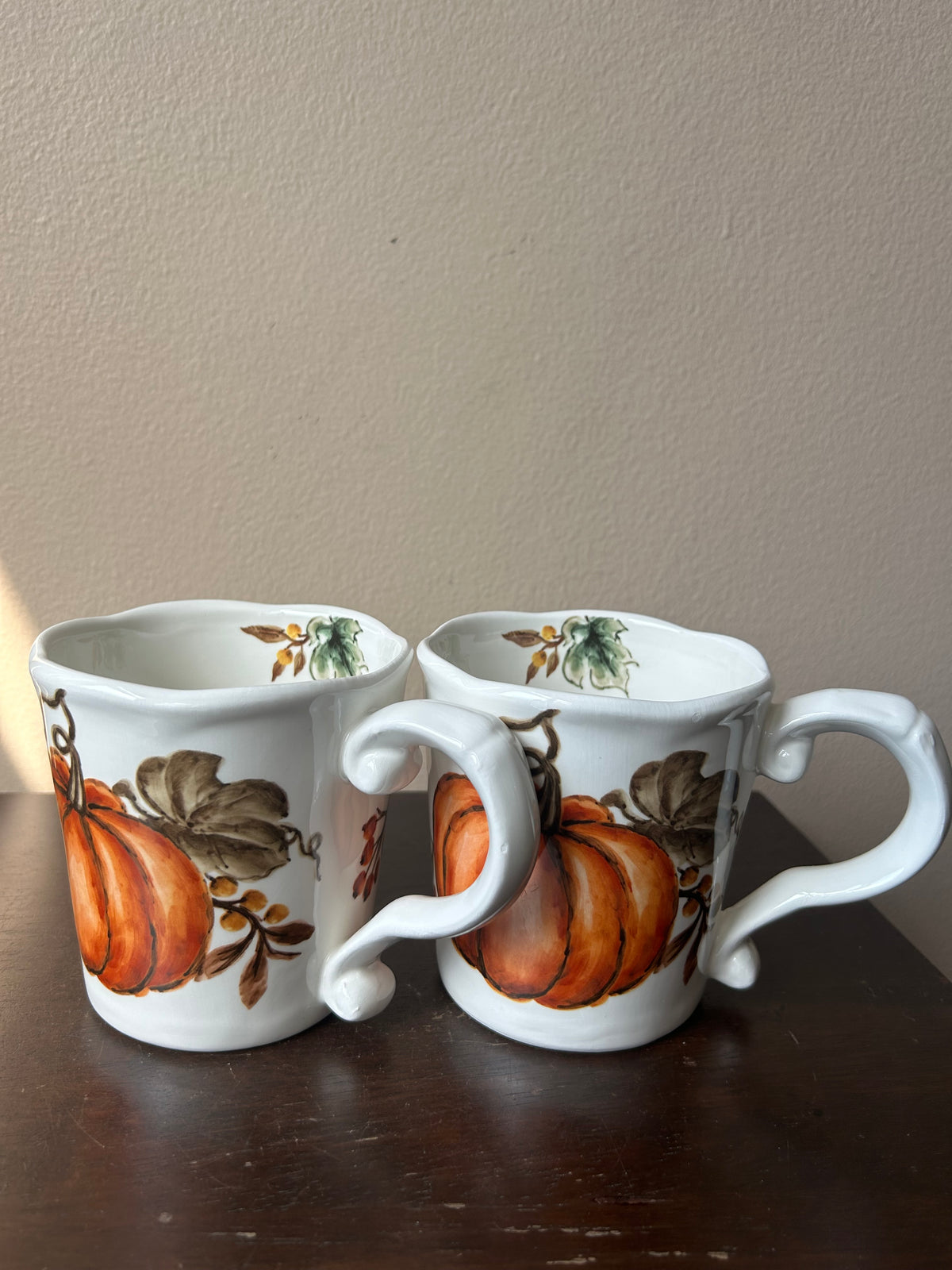 Set Of 2 Pumpkin Fall Coffee Mugs Cups New Thanksgiving Leaves Ceramic