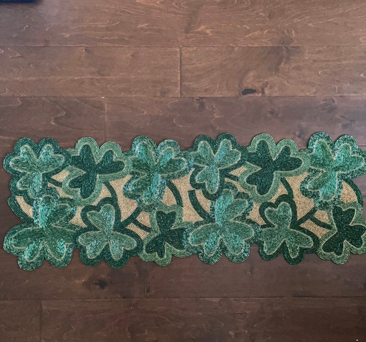 St Patricks Day Table Runner  Irish Clover Beaded Centerpiece Green Gold