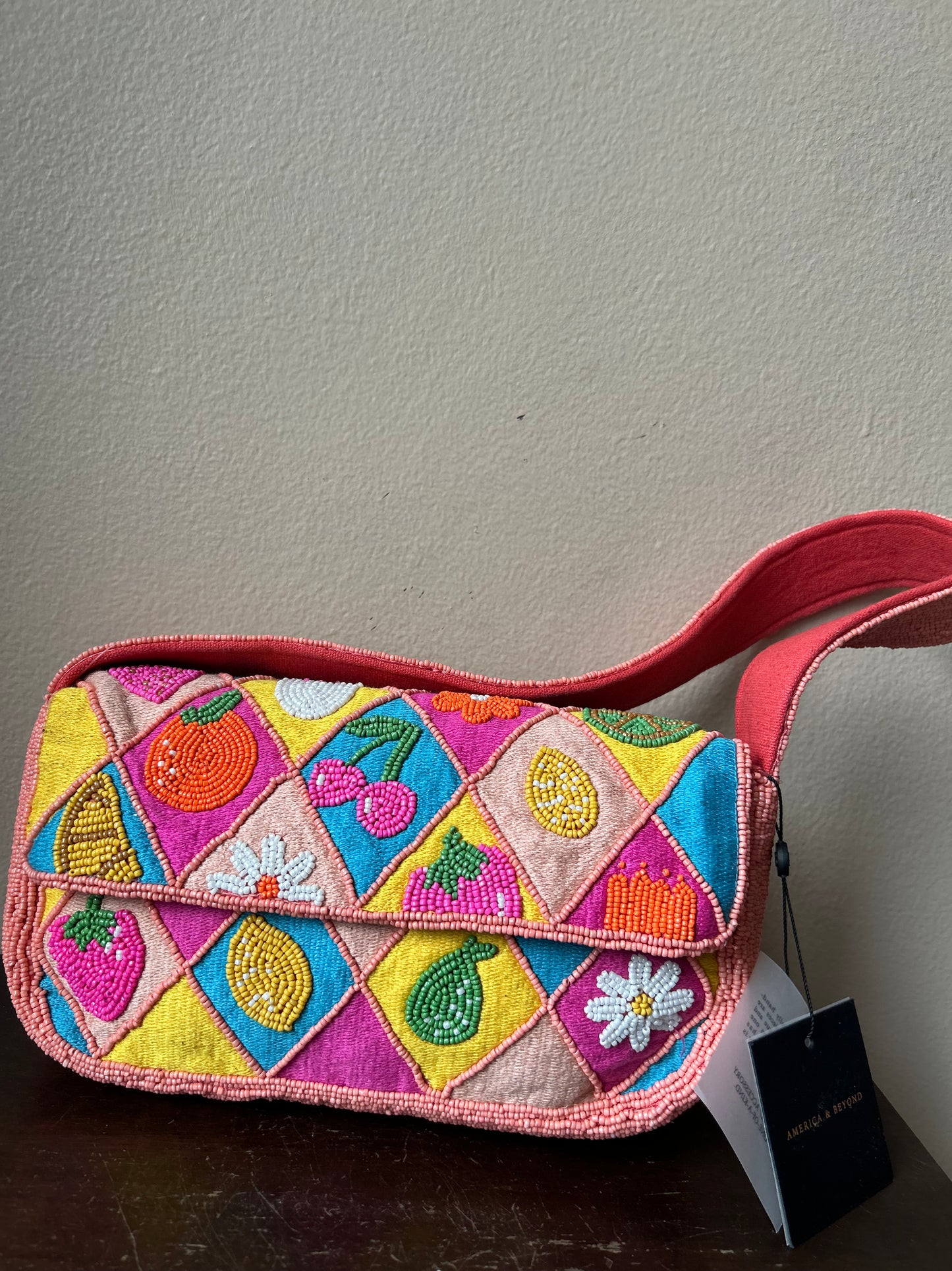 America & Beyond Beaded Pink Colorful Fruit Floral Shoulder Bag New