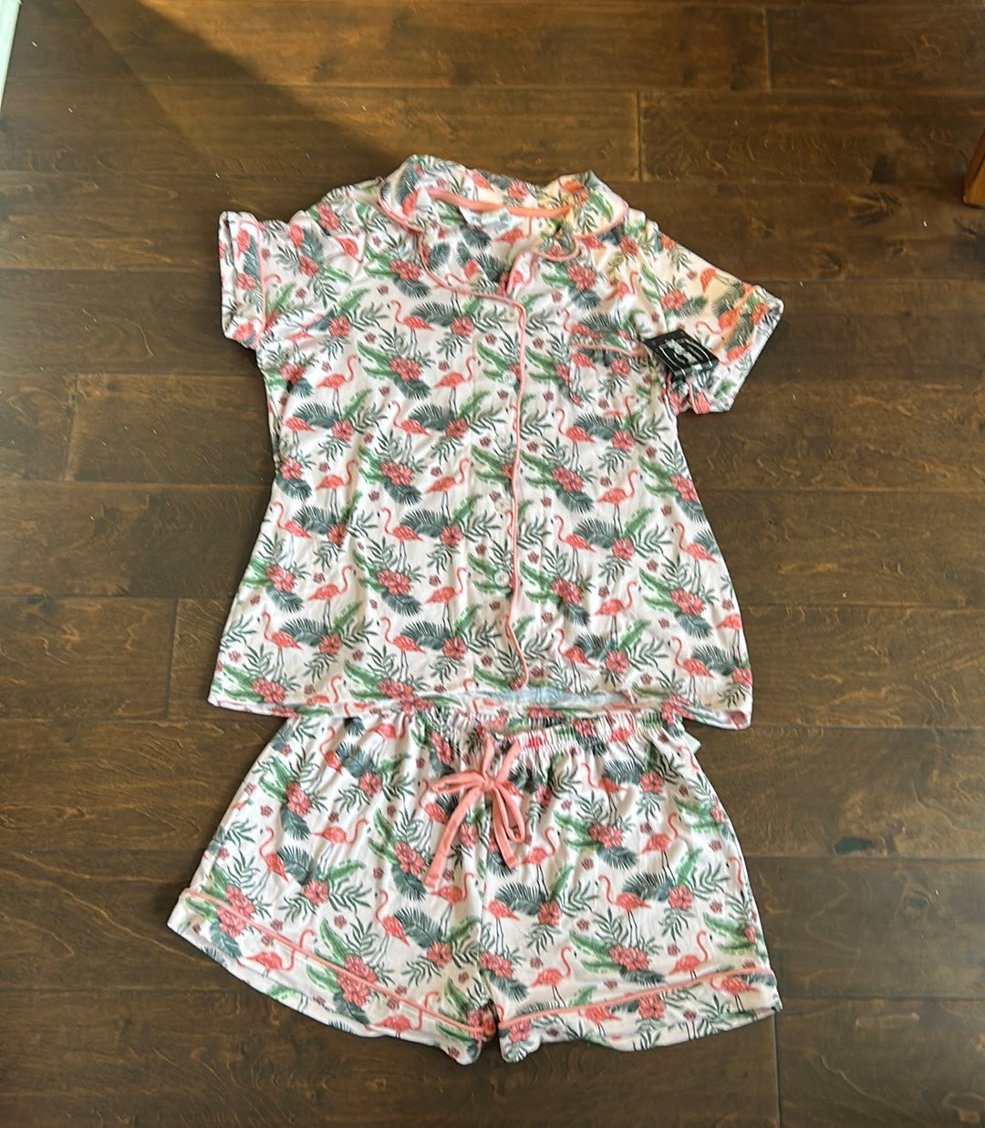 Pillow Talk 2 Pc Pajama Set New Flamingoes Tropical Palm Fronds New