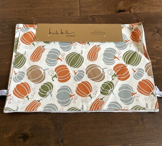 Nicole Miller Fall  Placemats Set Of 4 Thanksgiving Colorful Pumpkins New