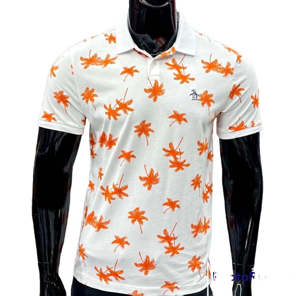 Penguin Men’s polo Shirt palm Trees 2XL New White Orange