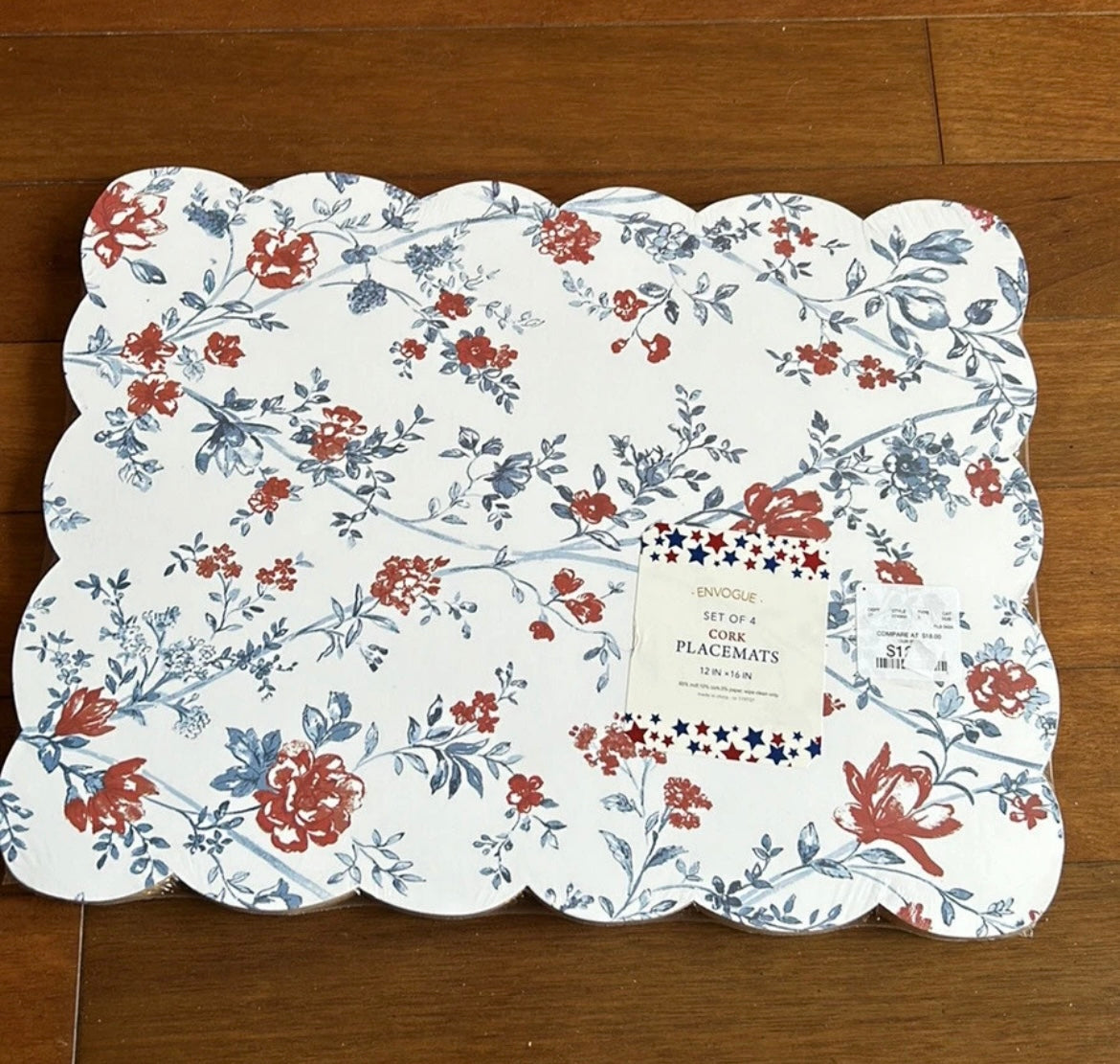 Envogue Set Of 4 Cork Placemats New July 4th Americana Floral Red White Blue