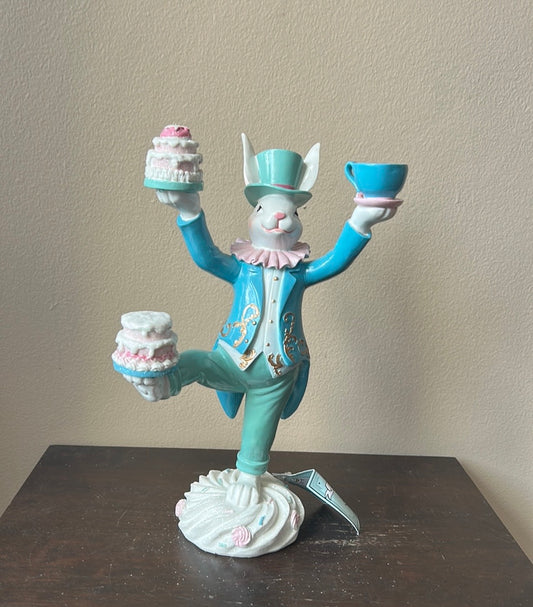Tophat & Tail New Bunny Figurine With Teacup Cake 12.5” Tall Madhatter