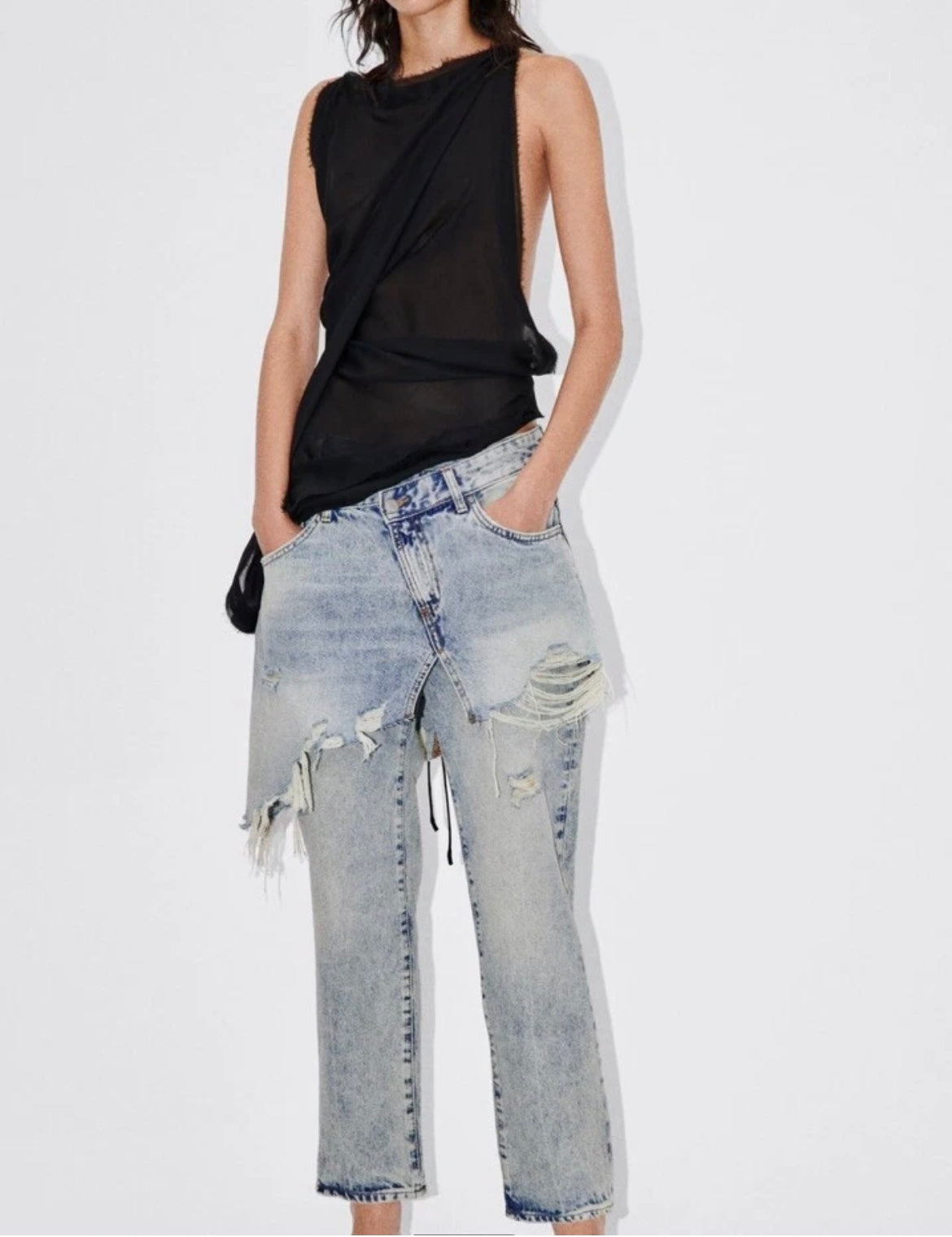 ZARA WOMAN NWT ZW STRAIGHT-LEG MID-RISE Layered JEANS FADED BLUE Sz 0