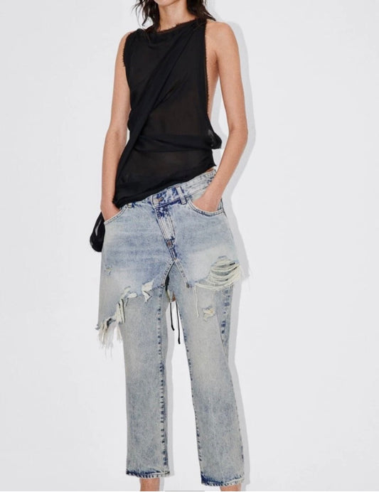ZARA WOMAN NWT ZW STRAIGHT-LEG MID-RISE Layered JEANS FADED BLUE Sz 0
