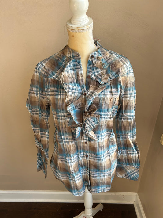 Urban Cotton Company Women’s Long Sleeve Dress Shirt Plaid Ruffle New Sz M