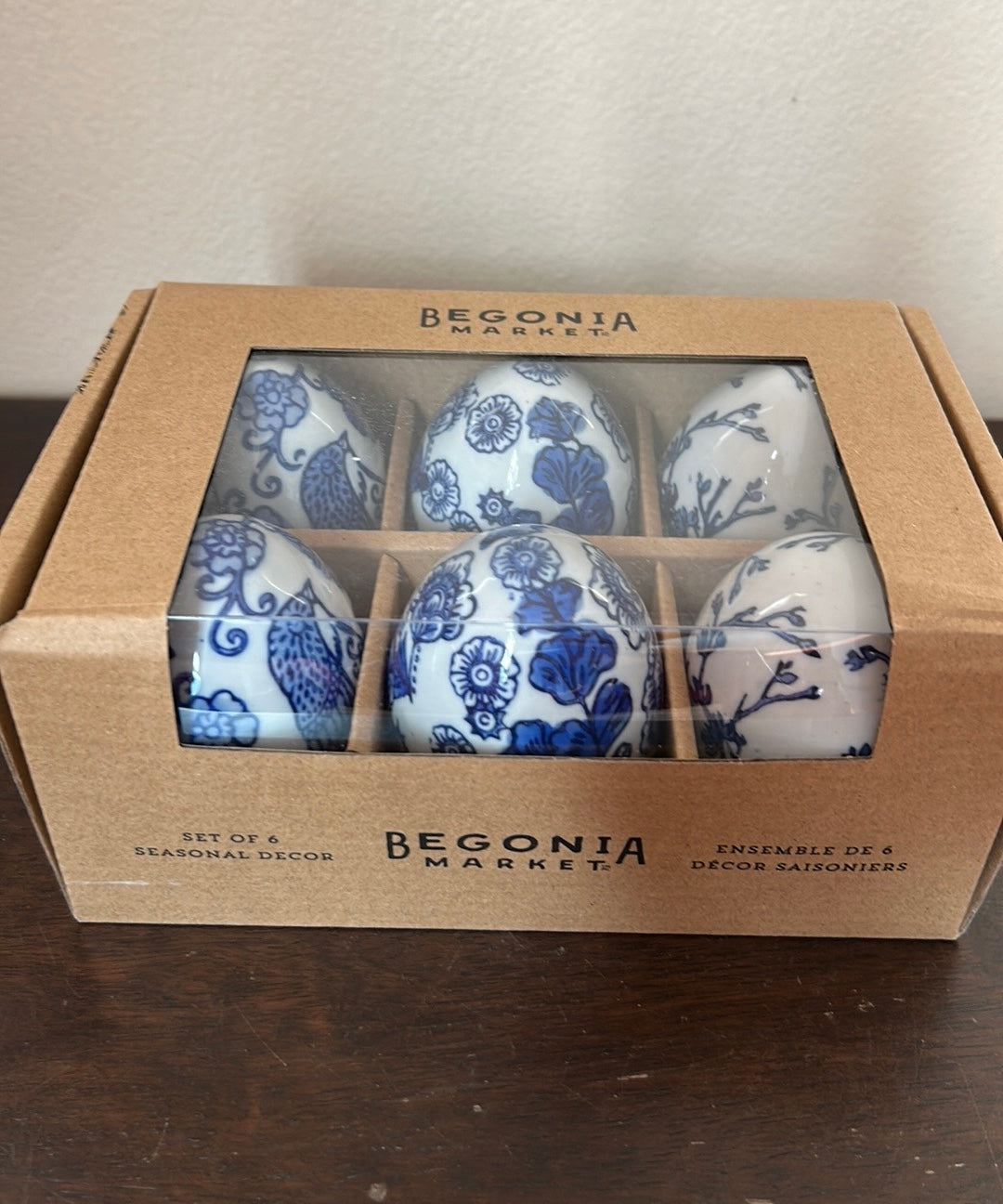 Begonia Market Easter Eggs Set Of 6 Blue White Floral Birds New Ceramic