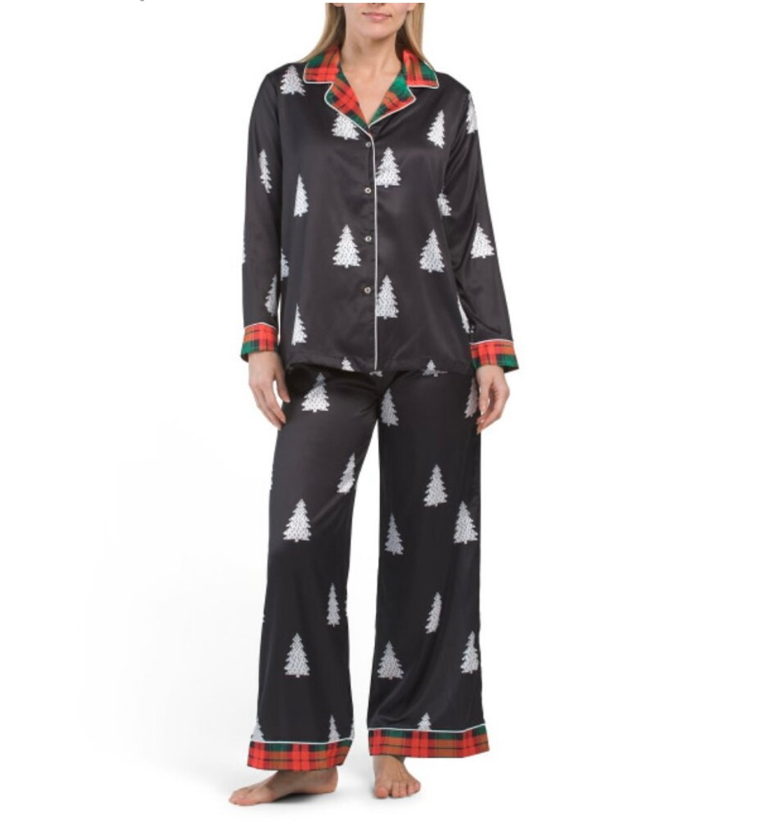 Dalia Macphee Women’s 2 Pc Pajama Set New Christmas Trees Tartan Plaid Trims