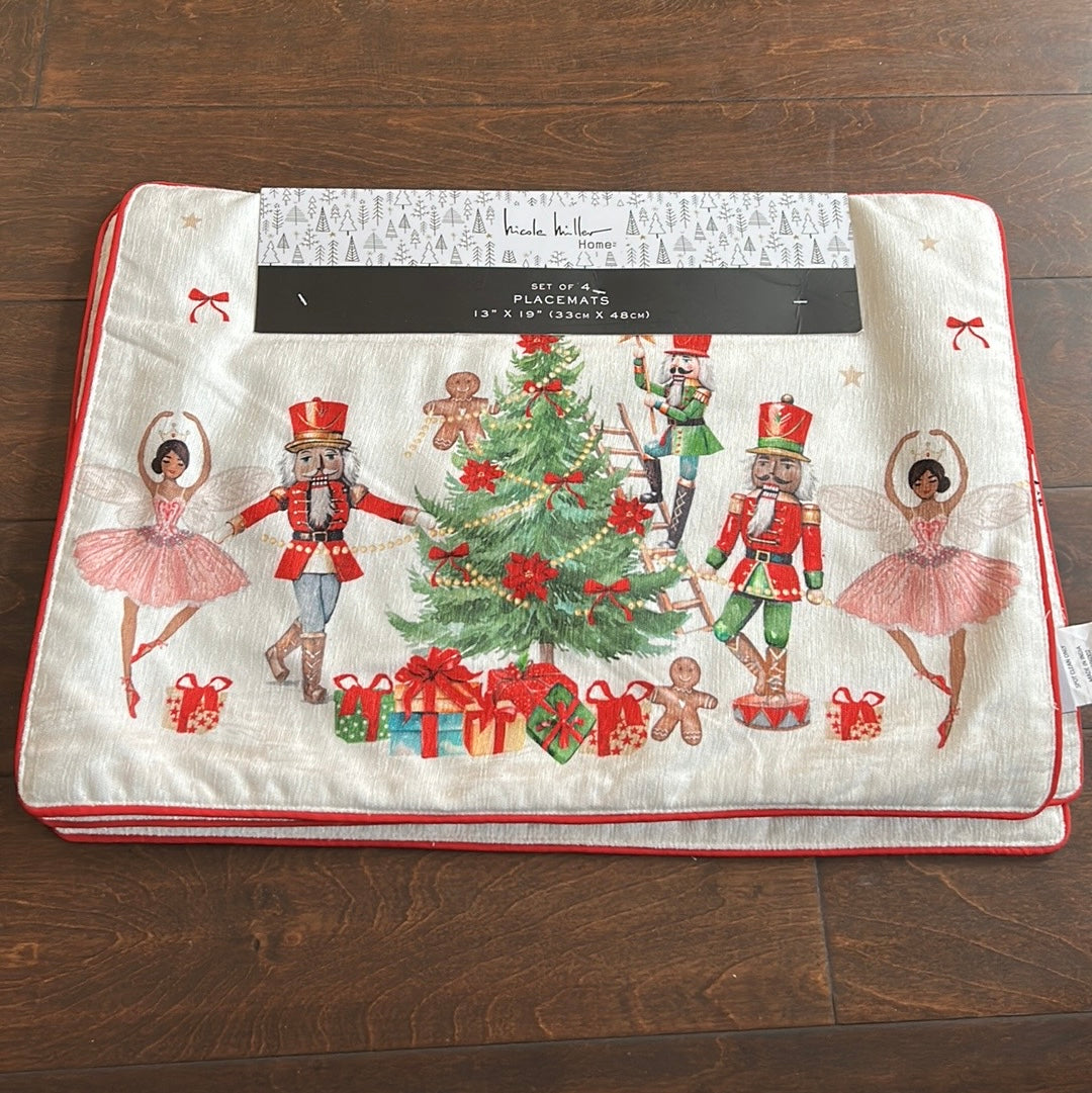Nicole Miller Placemats set Of 4 Christmas Tree Ballerina Nutcracker New