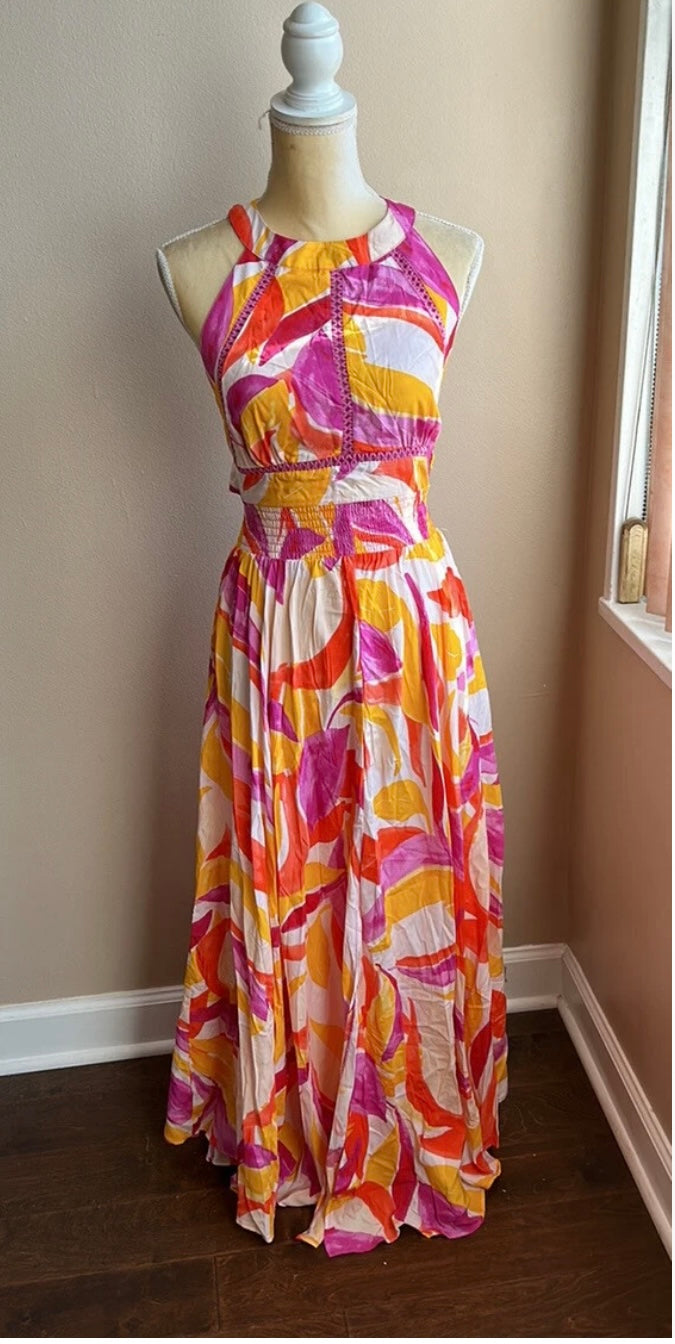 Abel the Label Anthropologie Rumi Maxi Dress NWT Yellow Purple Sexy Back