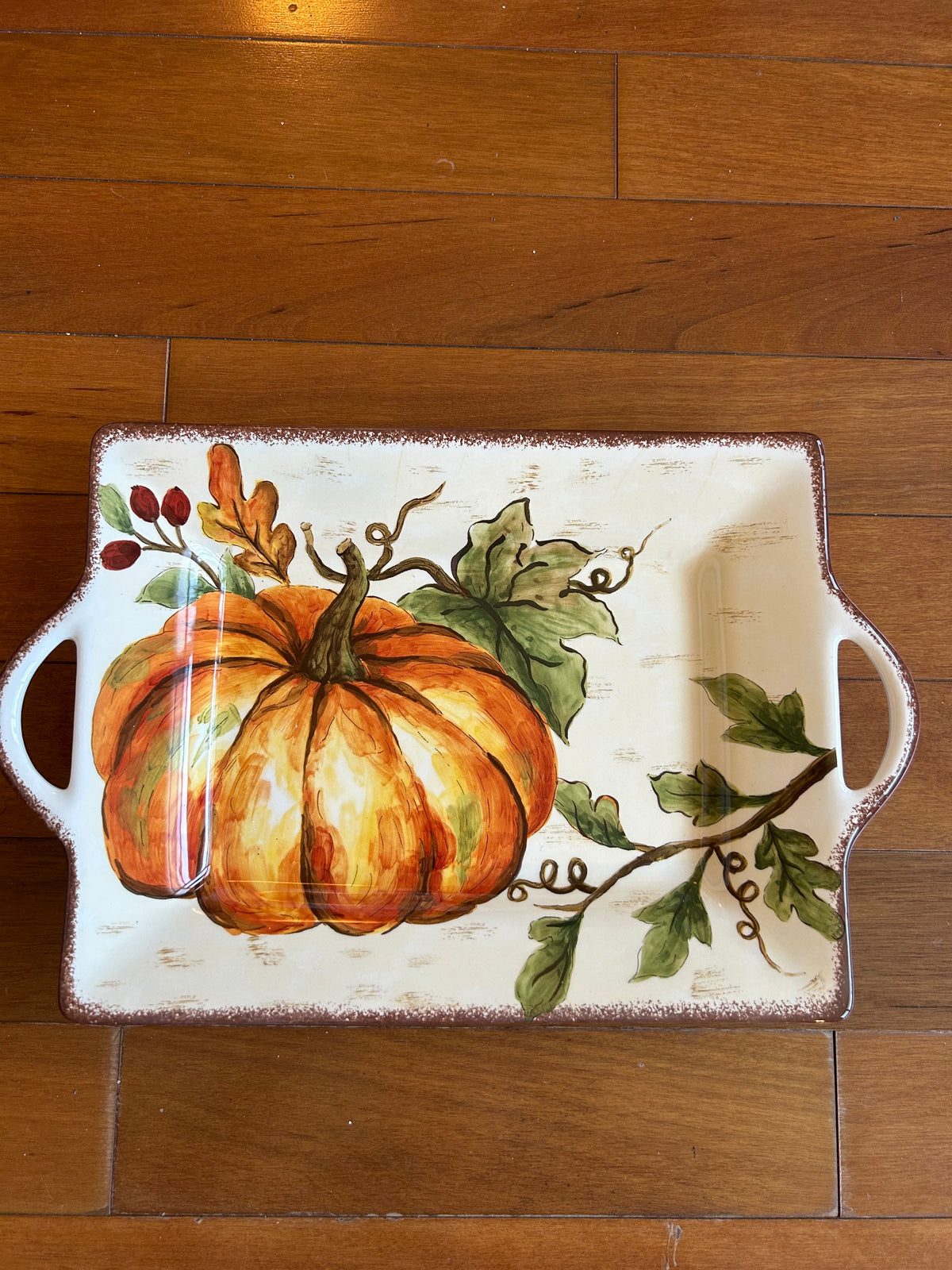 Pumpkin Fall Leaves Thanksgiving Serving Platter Ceramic New 14 3/4” With Handle