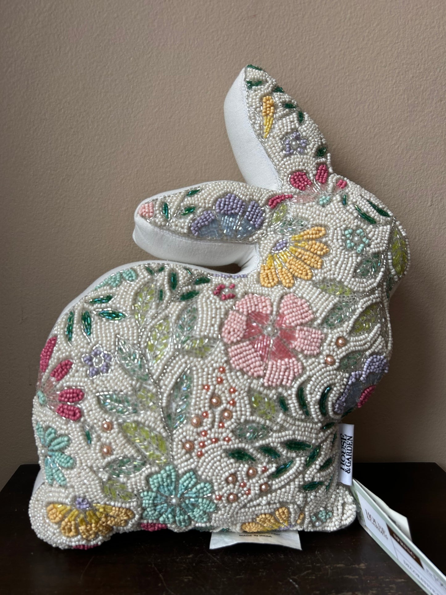House & Garden Beaded Easter Bunny Rabbit Shaped Pillow 15”x10” Floral New