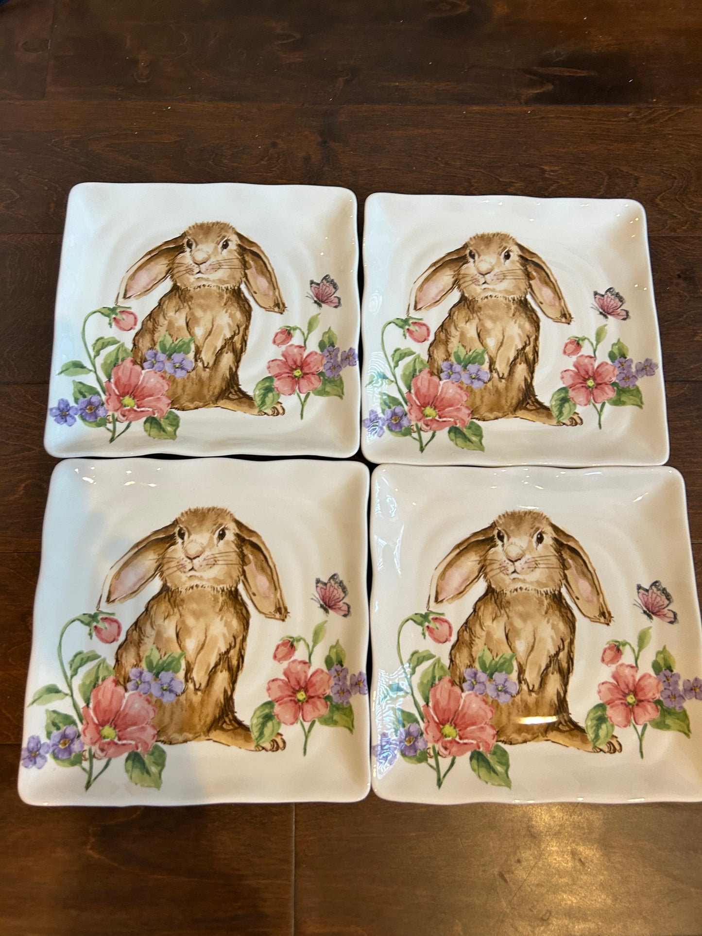 Set Of 4 Bunny Rabbit Salad Plates Ceramic New Floral Easter