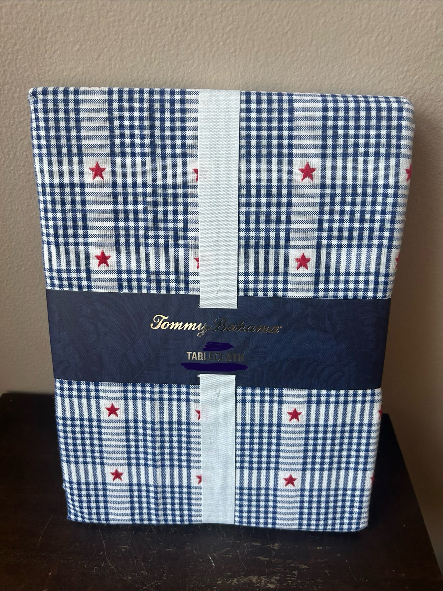 New Tommy Bahama Americana Tablecloth Plaid Stars Red Blue Oblong 60”x84”