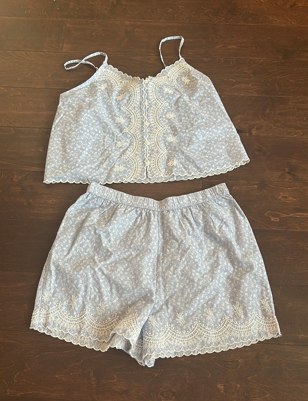 Joie Womens Blue Embroidered Pajama Set Shorts Top New Lace Detail Cotton