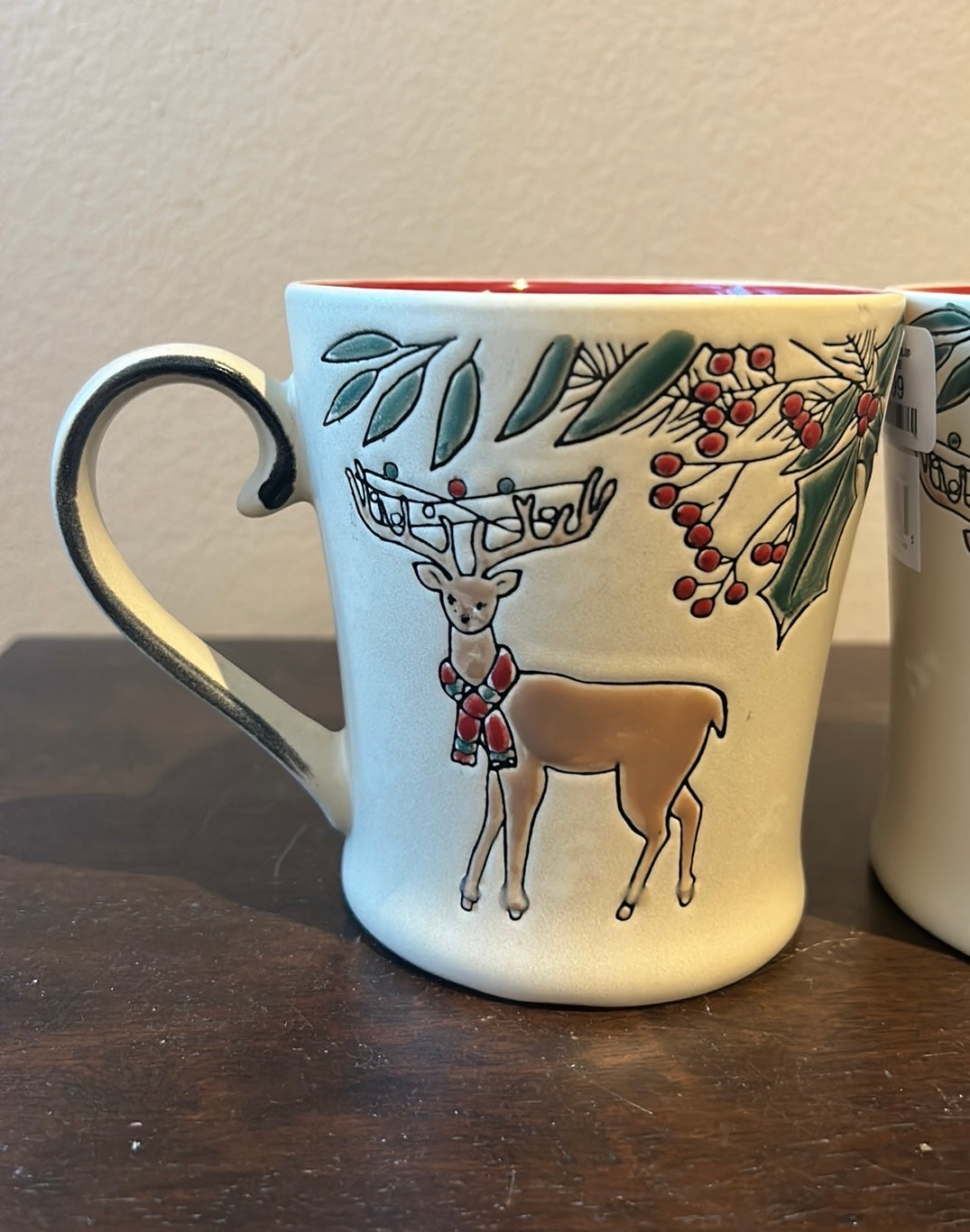 Eli & Ana Set of 2 Coffee Mugs Reindeer Christmas Holly Berry  New