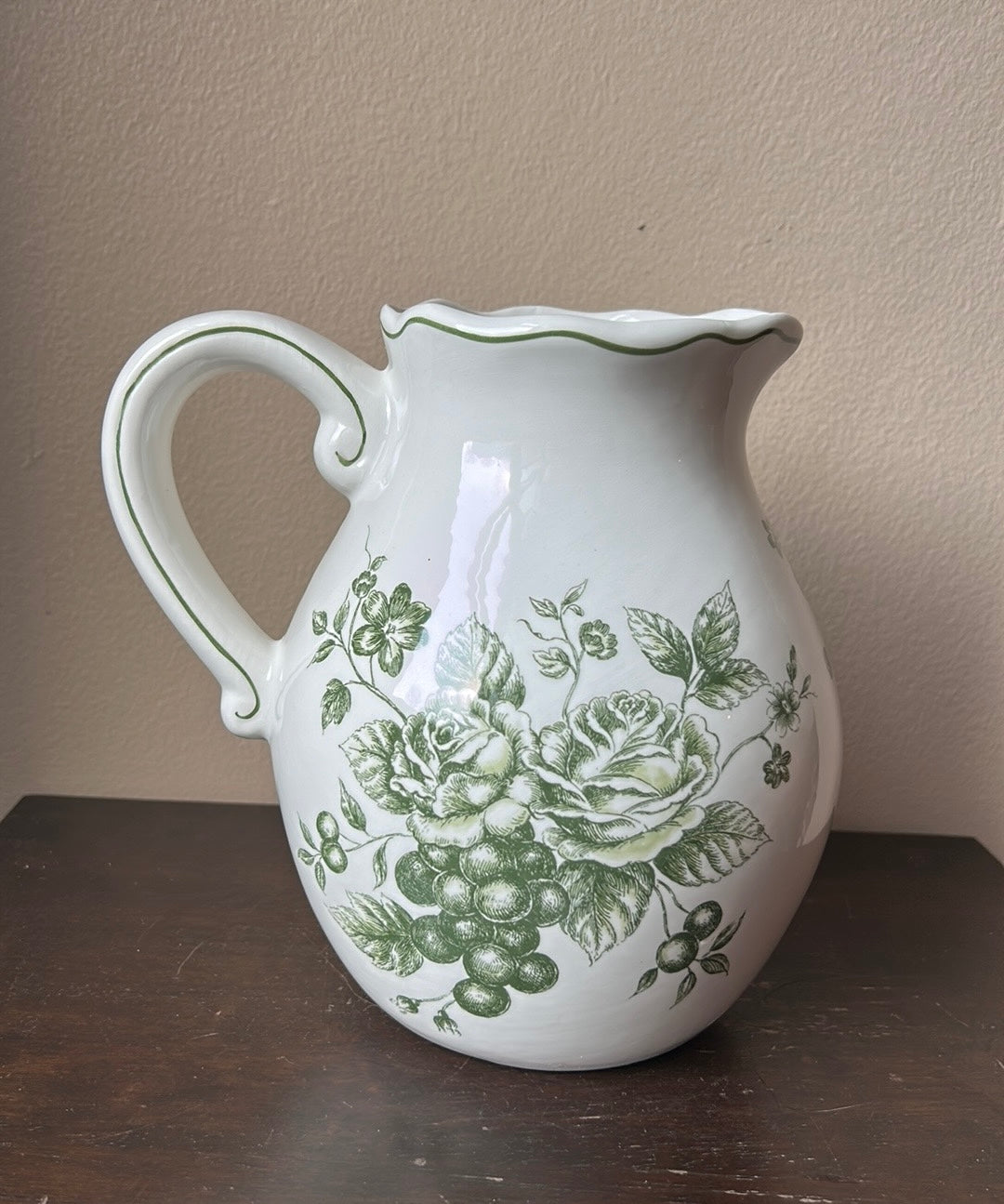 New Pitcher Vase Easter Spring Floral Green Bunny Rabbit Ceramic New 8” Tall