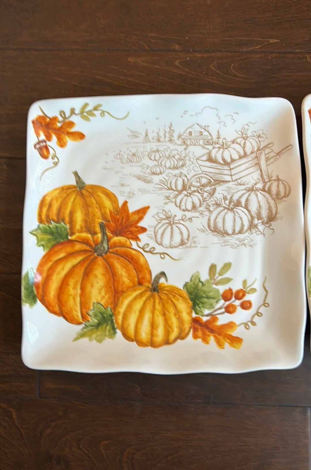 Maxcera Pumpkin Fall Leaves set of 4 Dinner Plates Ceramic Square