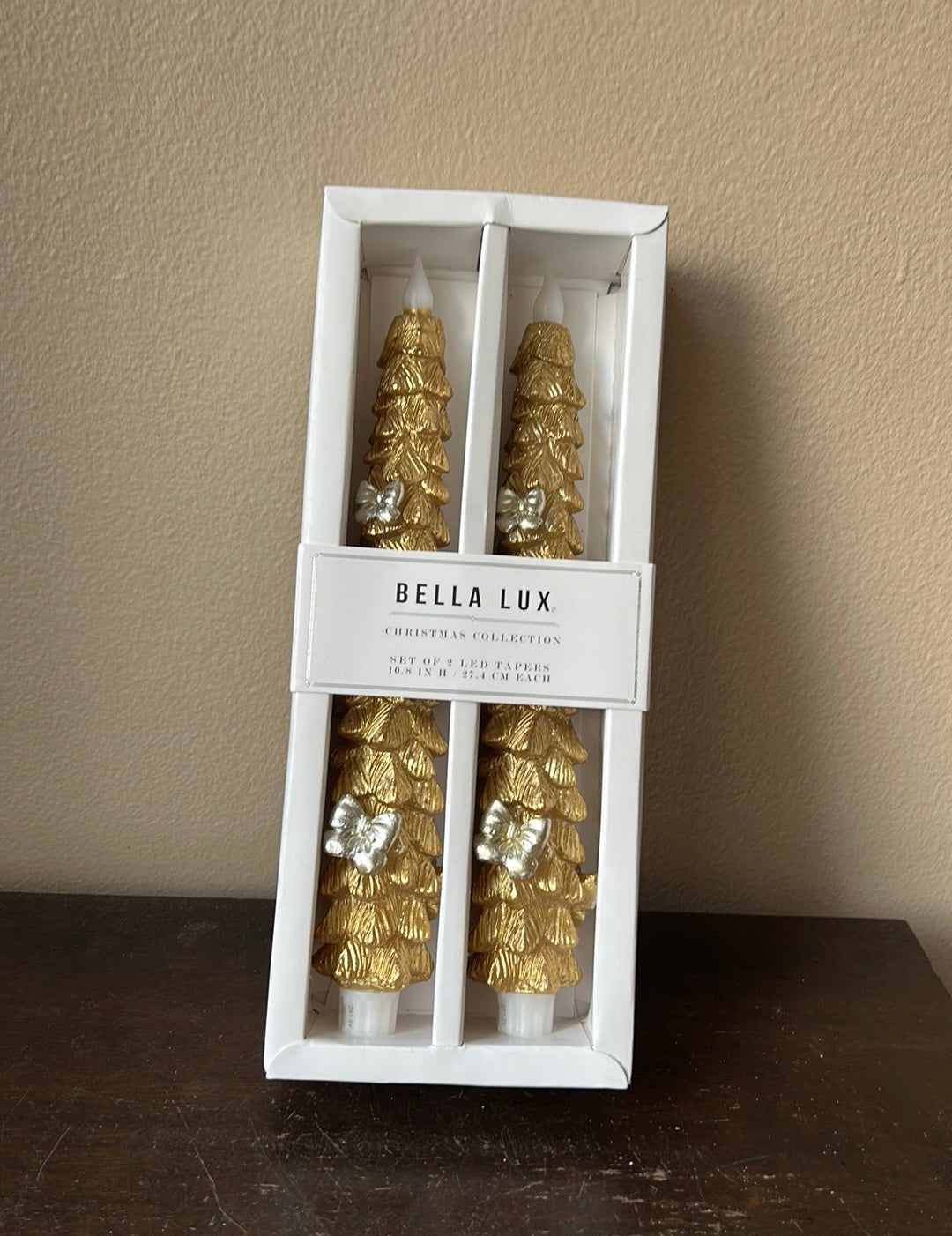 Bella Lux Flameless Taper Candles 2 Pcs LED Christmas Tree Bows 10.8” Gold