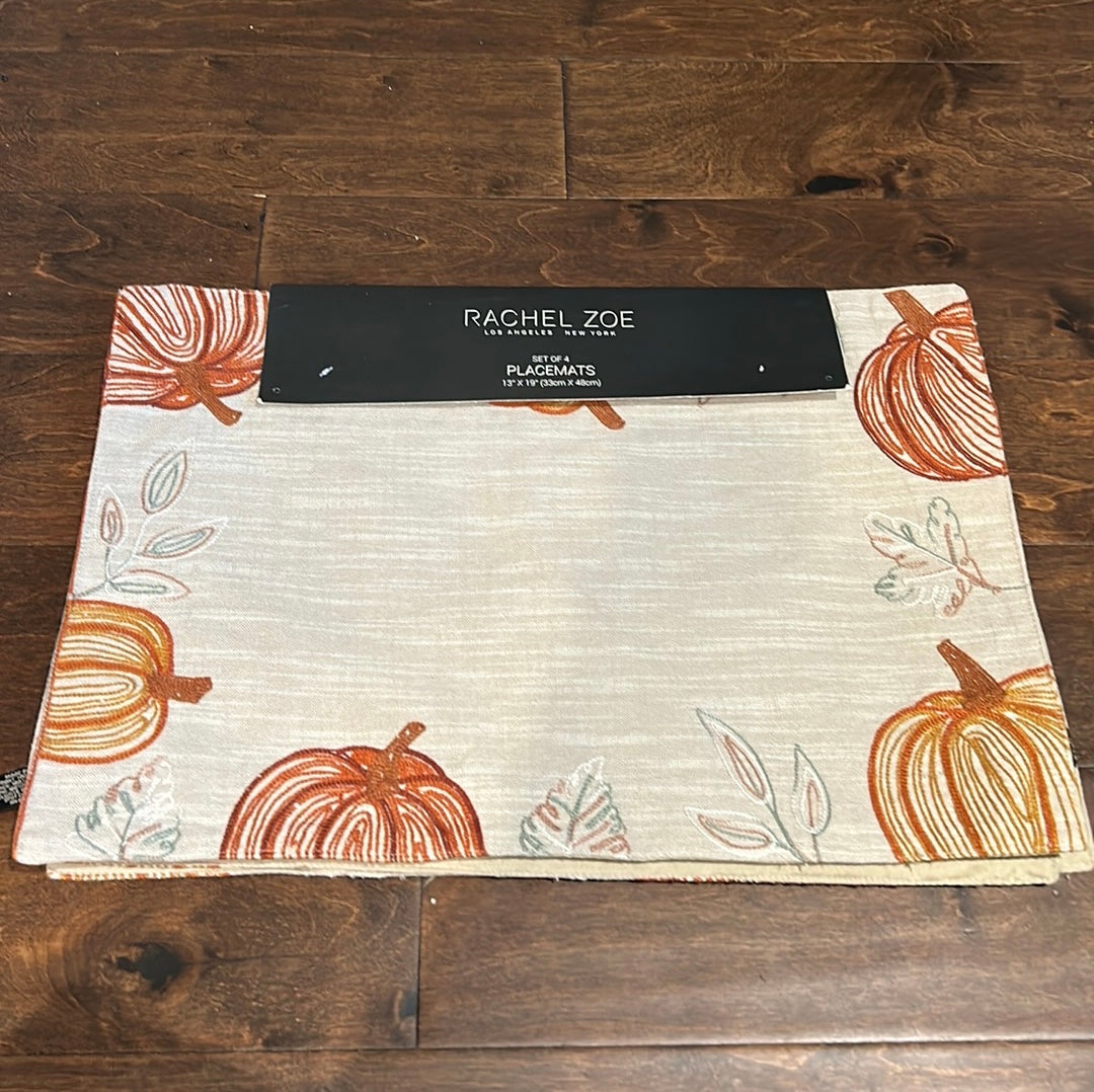 Rachel Zoe Set of 4 Embroidered Placemats Fall Pumpkin New