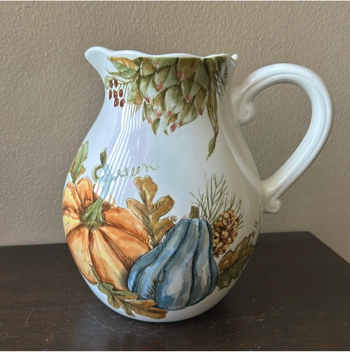 New Ceramic Pitcher Pumpkins Fall Leaves Berries Thanksgiving Ceramic 8.5” Tall