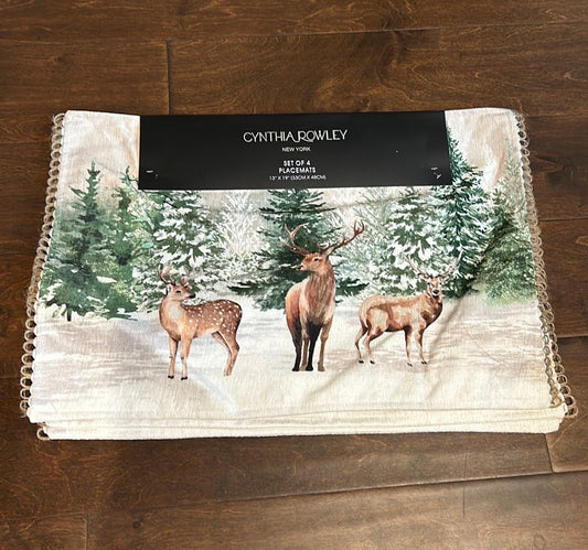 Cynthia Rowley Placemats Stag Deer Christmas Evergreen Trees Snow New Holiday