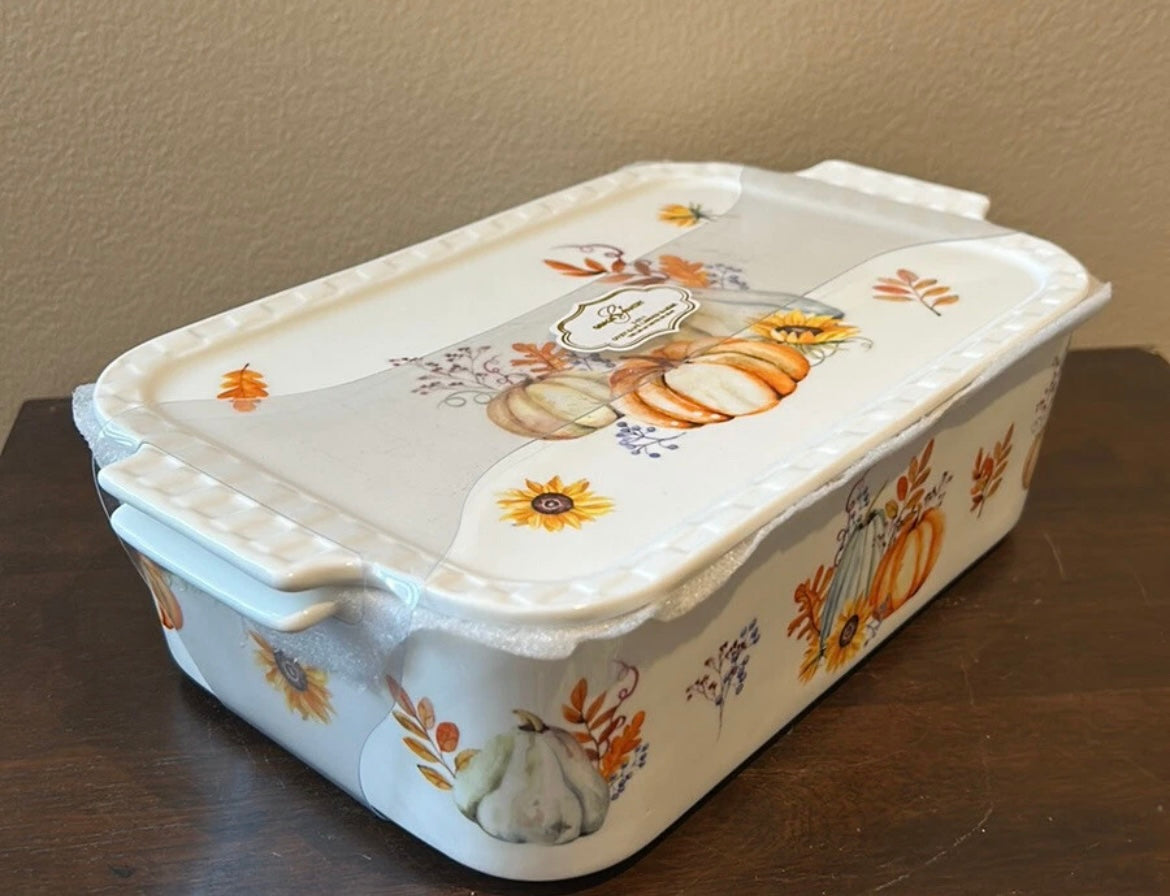 Grace Pantry Pumpkins Rectangular Porcelain Casserole Baking Dish & Lid New