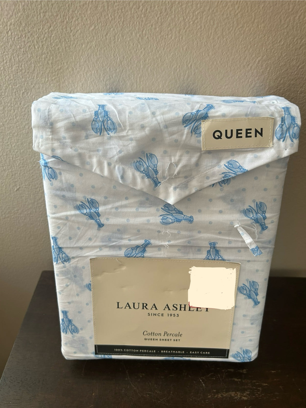 Laura Ashley Queen Sheet Set Cotton Percale New Lobster Print  Blue White