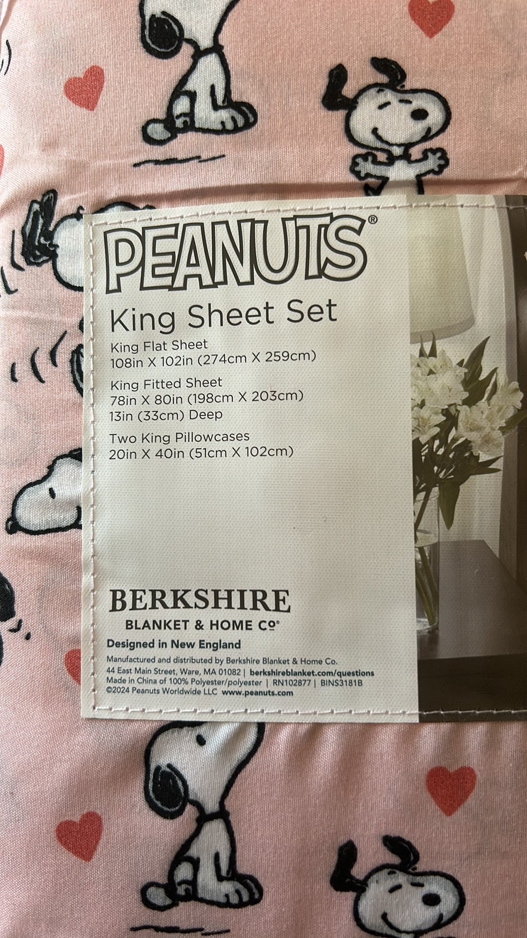 PEANUTS King SHEET SET Sleepy Snoopy Woodstock Valentine’s Day Love Pink Heart