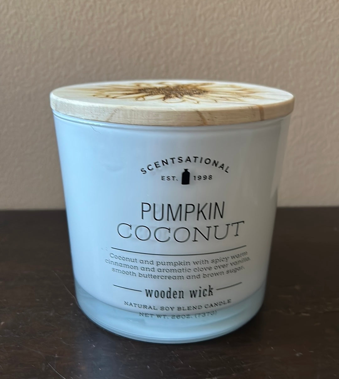 Scentsational Pumpkin coconut Soy Wax Candle  Glass Jar 26oz Wood Wick Wax Blend