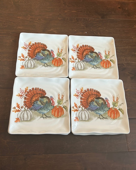 Maxcera Turkey Fall Thanksgiving Set Of  4 Salad Plates Ceramic Square